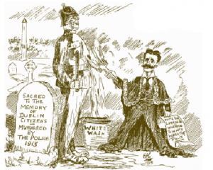 The lord mayor of Dublin, Lorcan Sherlock (here pilloried by Ernest Kavanagh for his ‘whitewash’ of DMP brutality during the Lockout), refused an invitation to join the original provisional committee and also refused the use of the Mansion House for the Volunteers’ inaugural meeting on 25 November 1913. Seven months later, Sherlock would be one of the 25 men added to the committee by John Redmond. (Irish Worker, 10 January 1914)