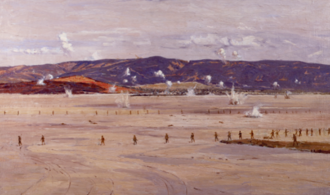 Norman Wilkinson’s painting of Allied troops crossing the salt lake at Suvla Bay. On 7 August 1915, troops of the 10th (Irish) Division crossed it—under intense Turkish fire in the heat of the day and without adequate supplies of water—on the way to their successful seizure of Chocolate Hill. (Imperial War Museum